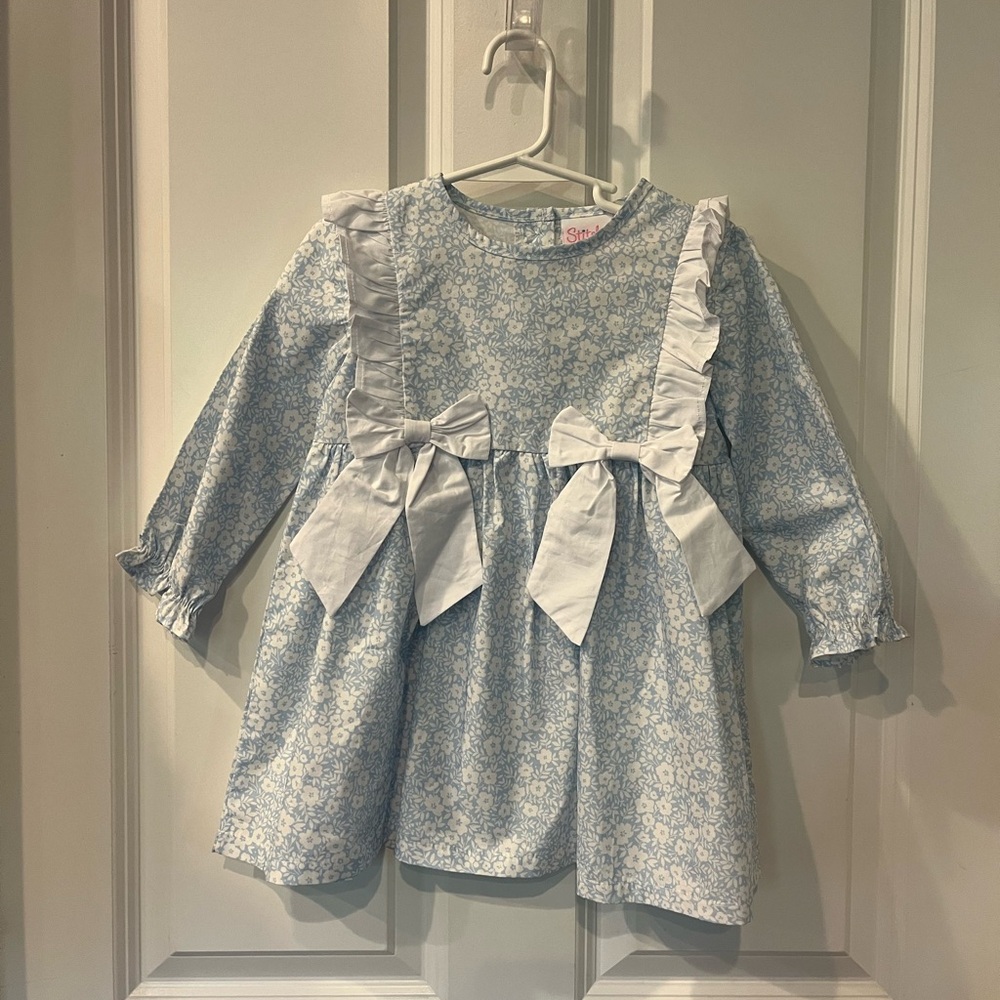 NWOT Stitchy Fish Blue Floral Ruffle Bow Dress toddler girl size 24M